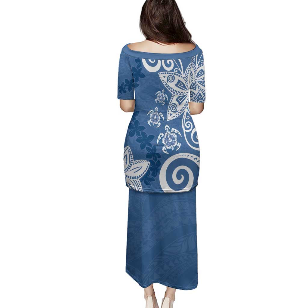 Polynesia Family Matching Puletasi and Hawaiian Shirt Blue Tribal Turtle Floral Pattern LT05 - Polynesian Pride