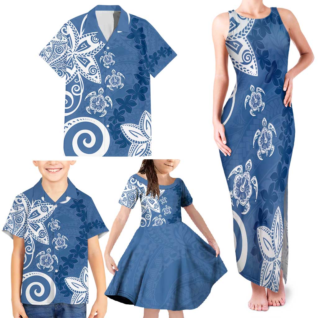 Polynesia Family Matching Tank Maxi Dress and Hawaiian Shirt Blue Tribal Turtle Floral Pattern