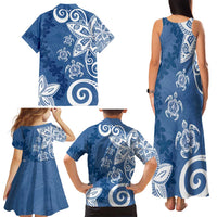 Polynesia Family Matching Tank Maxi Dress and Hawaiian Shirt Blue Tribal Turtle Floral Pattern