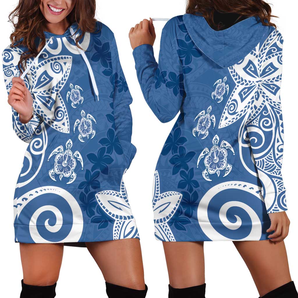 Polynesia Hoodie Dress Blue Tribal Turtle Floral Pattern