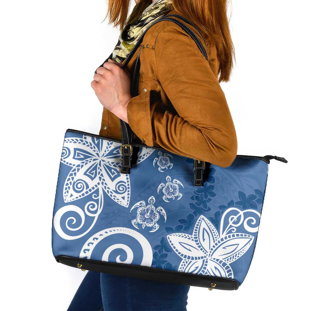 Polynesia Leather Tote Bag Blue Tribal Turtle Floral Pattern