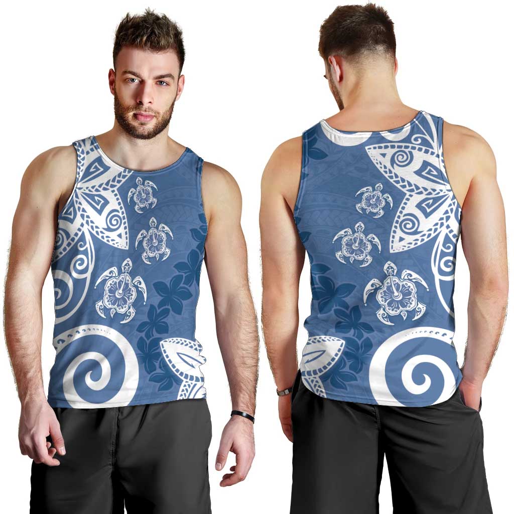 Polynesia Men Tank Top Blue Tribal Turtle Floral Pattern