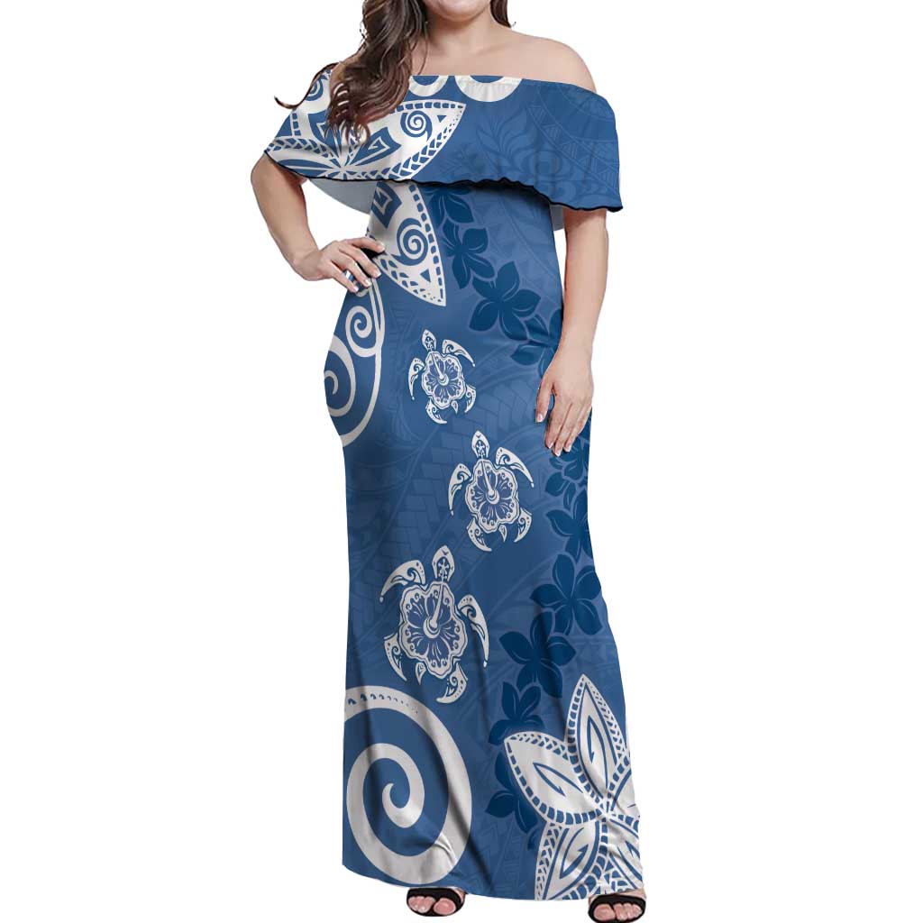 Polynesia Off Shoulder Maxi Dress Blue Tribal Turtle Floral Pattern