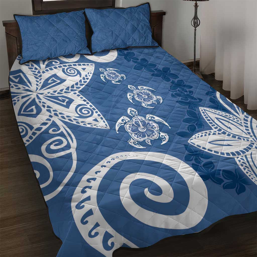 Polynesia Quilt Bed Set Blue Tribal Turtle Floral Pattern