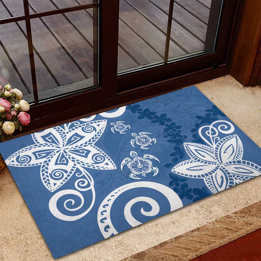 Polynesia Rubber Doormat Blue Tribal Turtle Floral Pattern