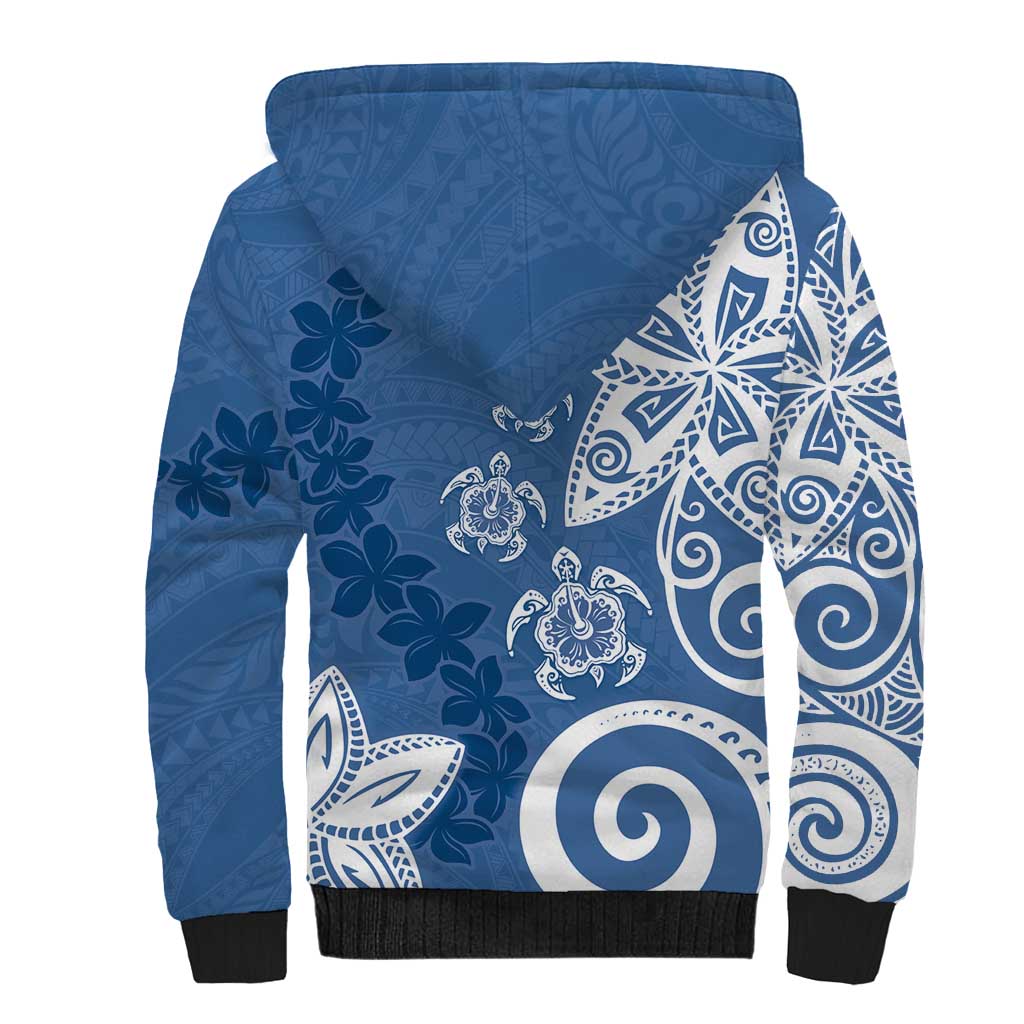Polynesia Sherpa Hoodie Blue Tribal Turtle Floral Pattern