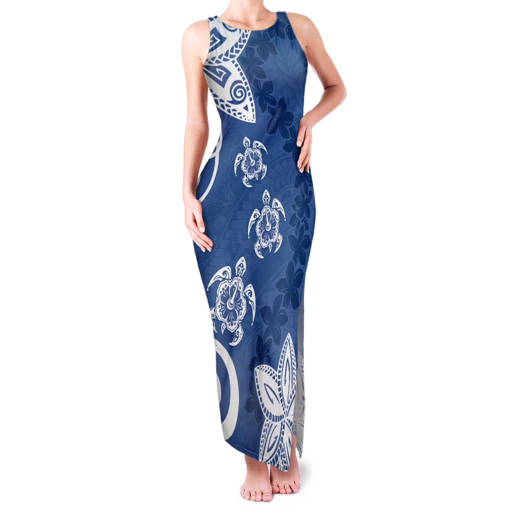 Polynesia Tank Maxi Dress Blue Tribal Turtle Floral Pattern