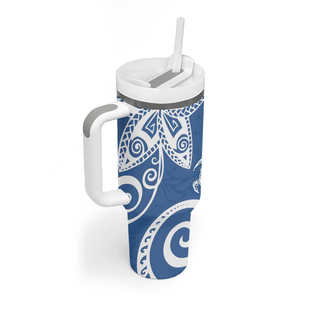 Polynesia Tumbler With Handle Blue Tribal Turtle Floral Pattern