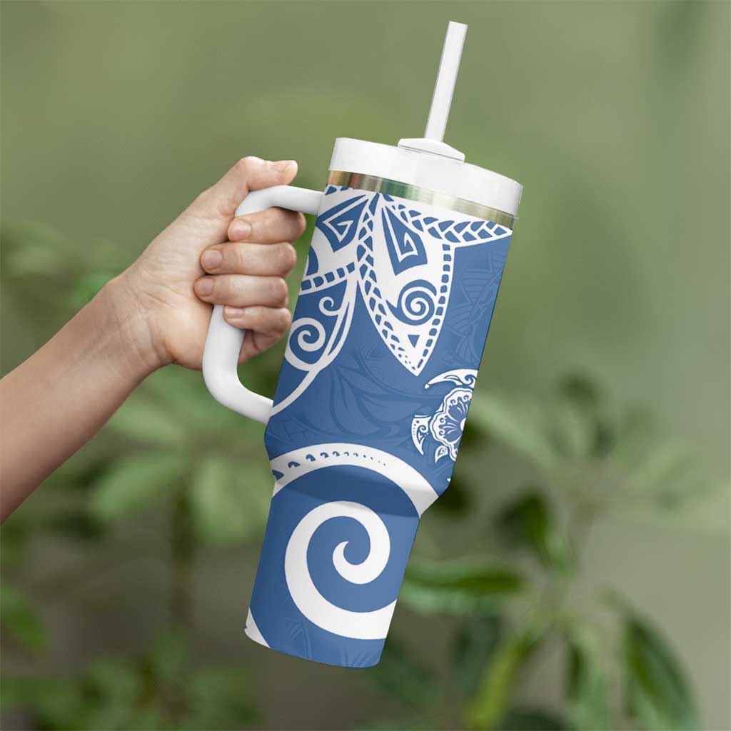 Polynesia Tumbler With Handle Blue Tribal Turtle Floral Pattern