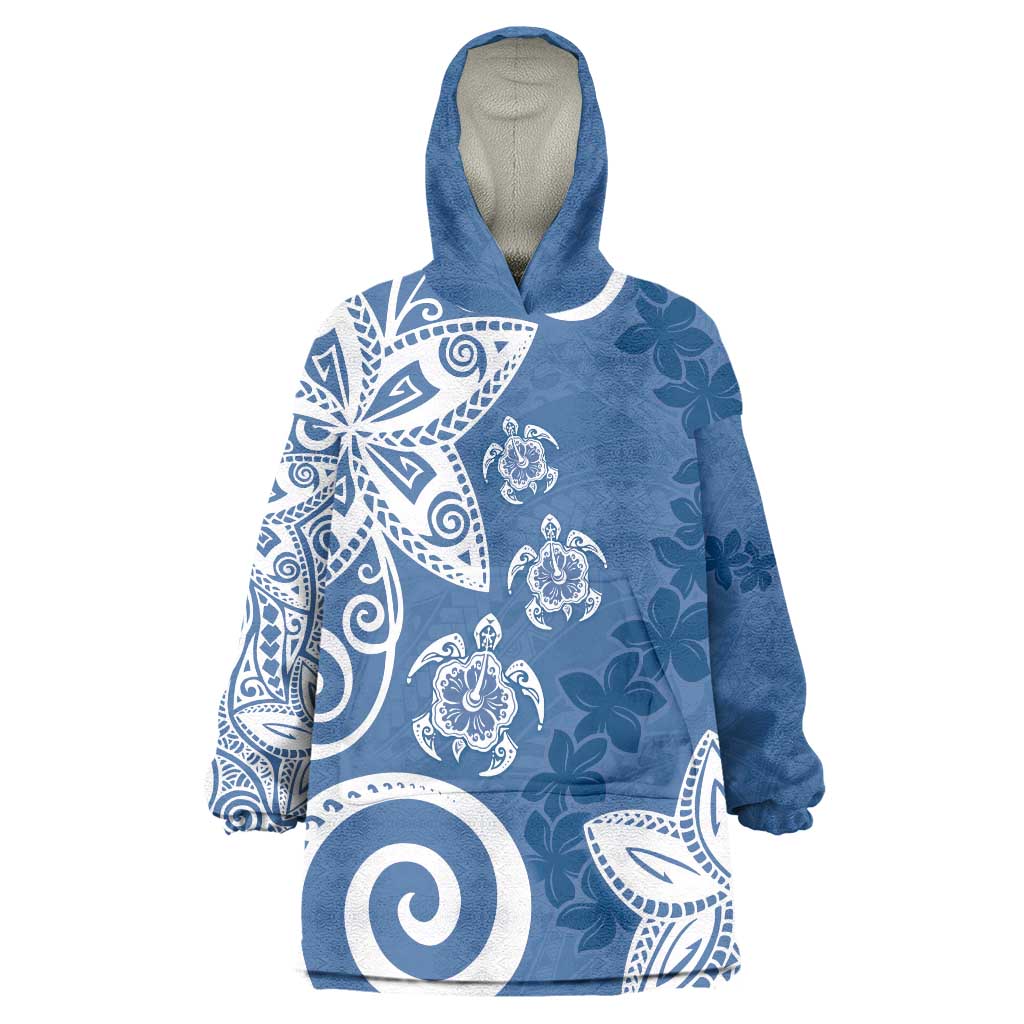 Polynesia Wearable Blanket Hoodie Blue Tribal Turtle Floral Pattern