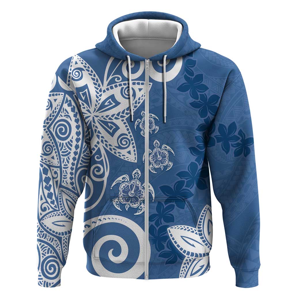 Polynesia Zip Hoodie Blue Tribal Turtle Floral Pattern LT05 Zip Hoodie Blue - Polynesian Pride