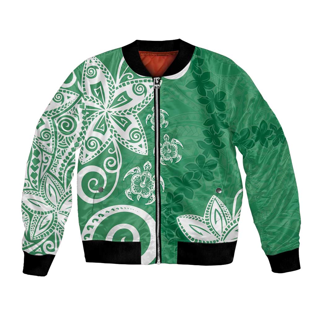 Polynesia Bomber Jacket Green Tribal Turtle Floral Pattern