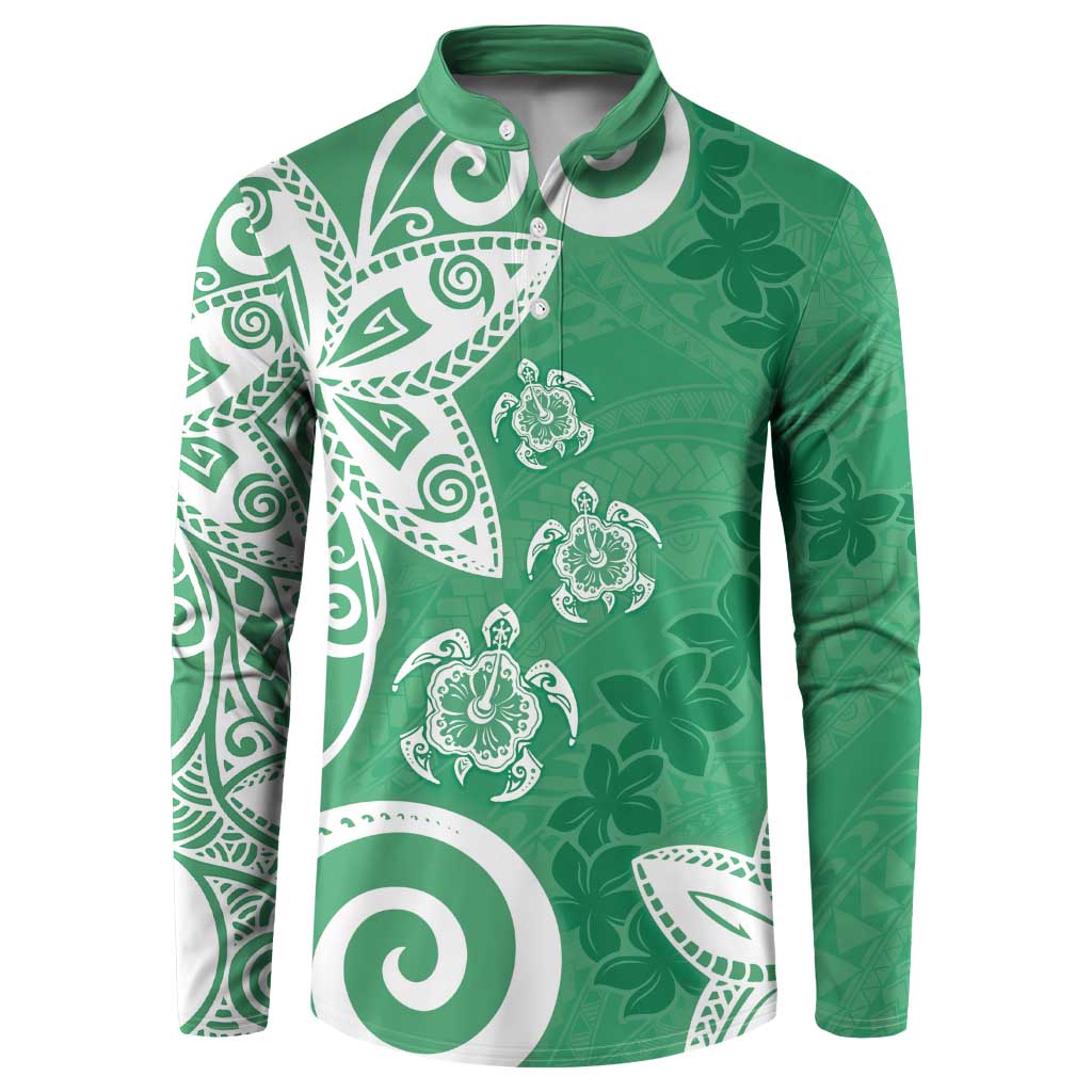 Polynesia Button Sweatshirt Green Tribal Turtle Floral Pattern