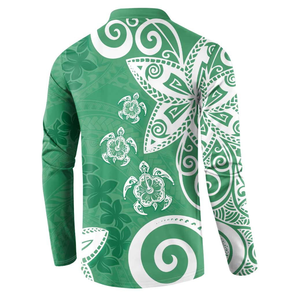 Polynesia Button Sweatshirt Green Tribal Turtle Floral Pattern