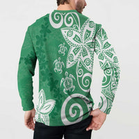 Polynesia Button Sweatshirt Green Tribal Turtle Floral Pattern