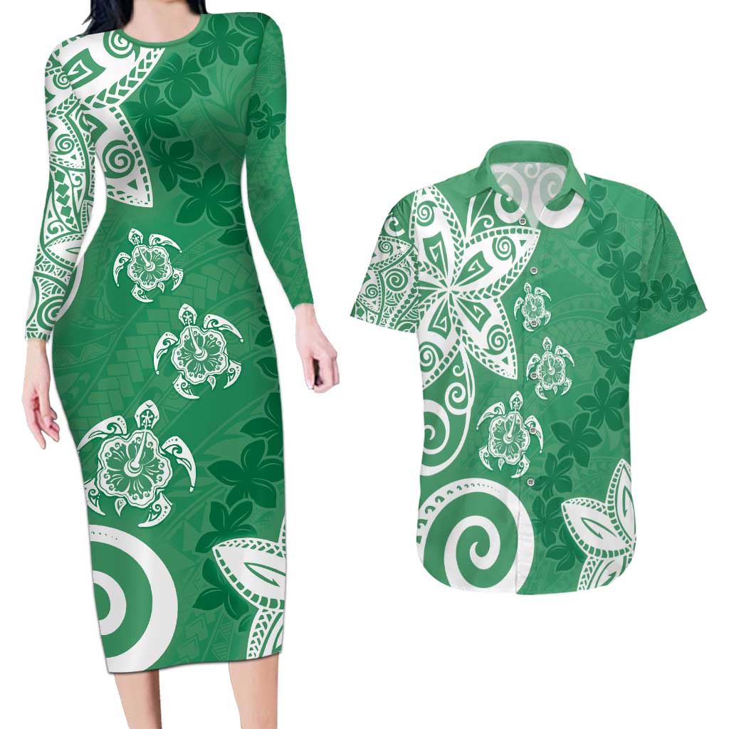 Polynesia Couples Matching Long Sleeve Bodycon Dress and Hawaiian Shirt Green Tribal Turtle Floral Pattern