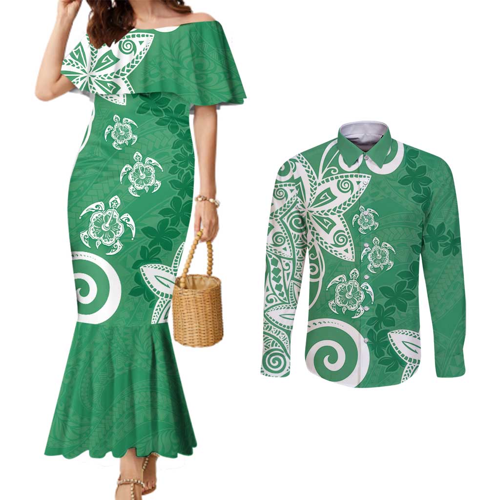 Polynesia Couples Matching Mermaid Dress and Long Sleeve Button Shirt Green Tribal Turtle Floral Pattern