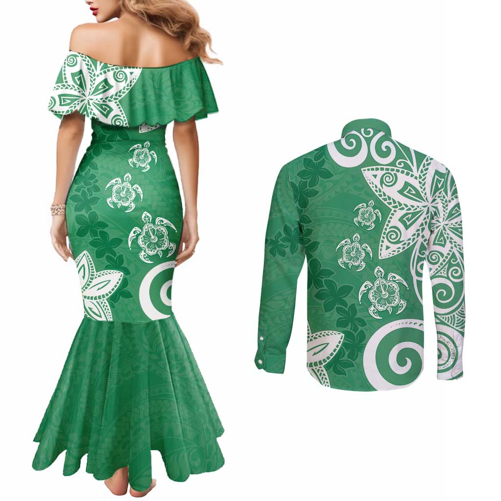 Polynesia Couples Matching Mermaid Dress and Long Sleeve Button Shirt Green Tribal Turtle Floral Pattern