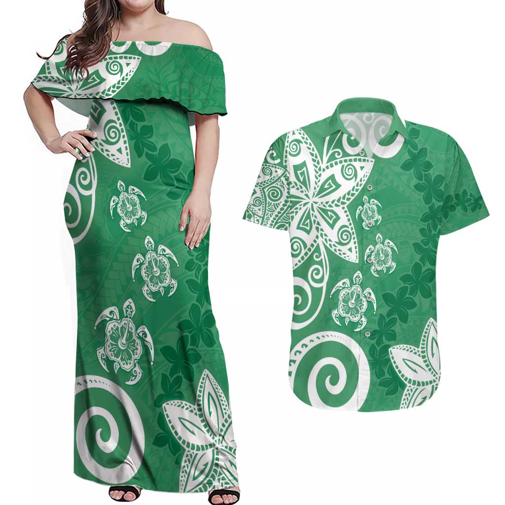 Polynesia Couples Matching Off Shoulder Maxi Dress and Hawaiian Shirt Green Tribal Turtle Floral Pattern