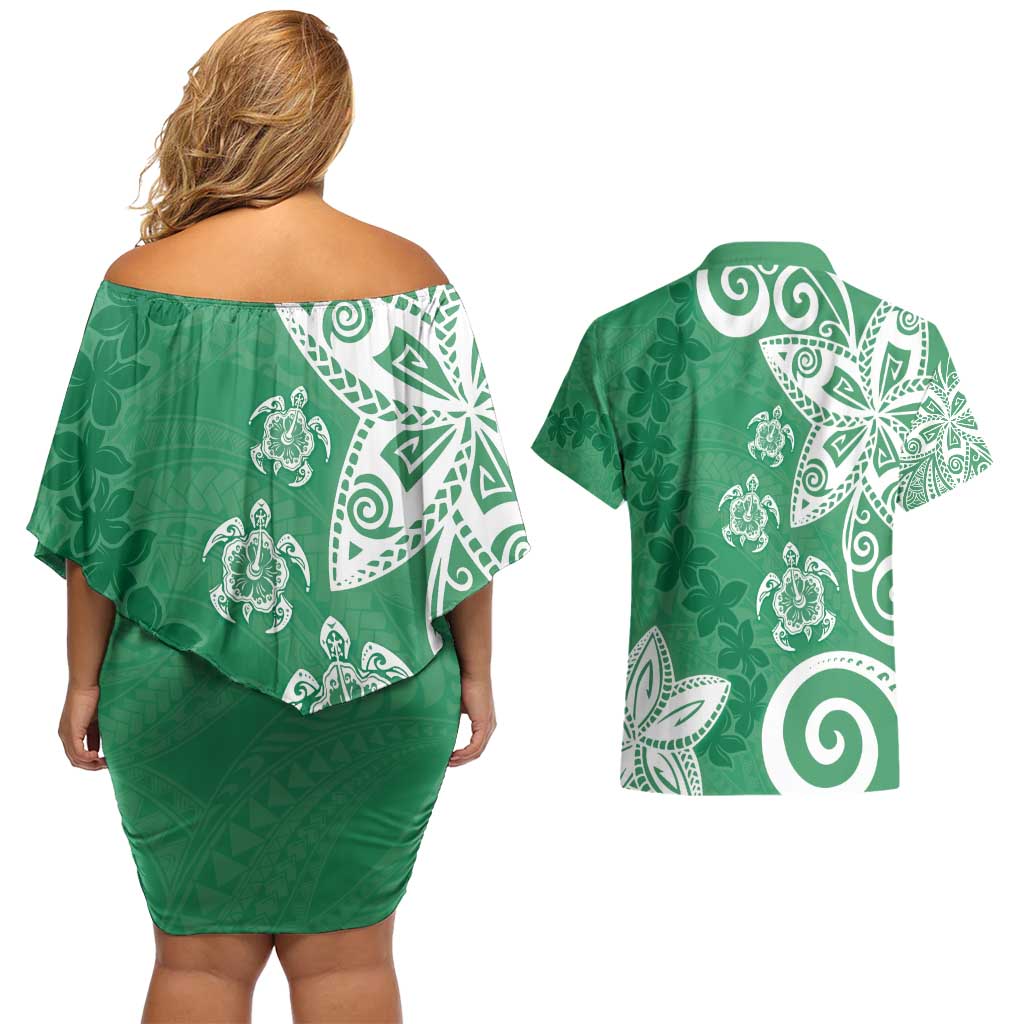 Polynesia Couples Matching Off Shoulder Short Dress and Hawaiian Shirt Green Tribal Turtle Floral Pattern