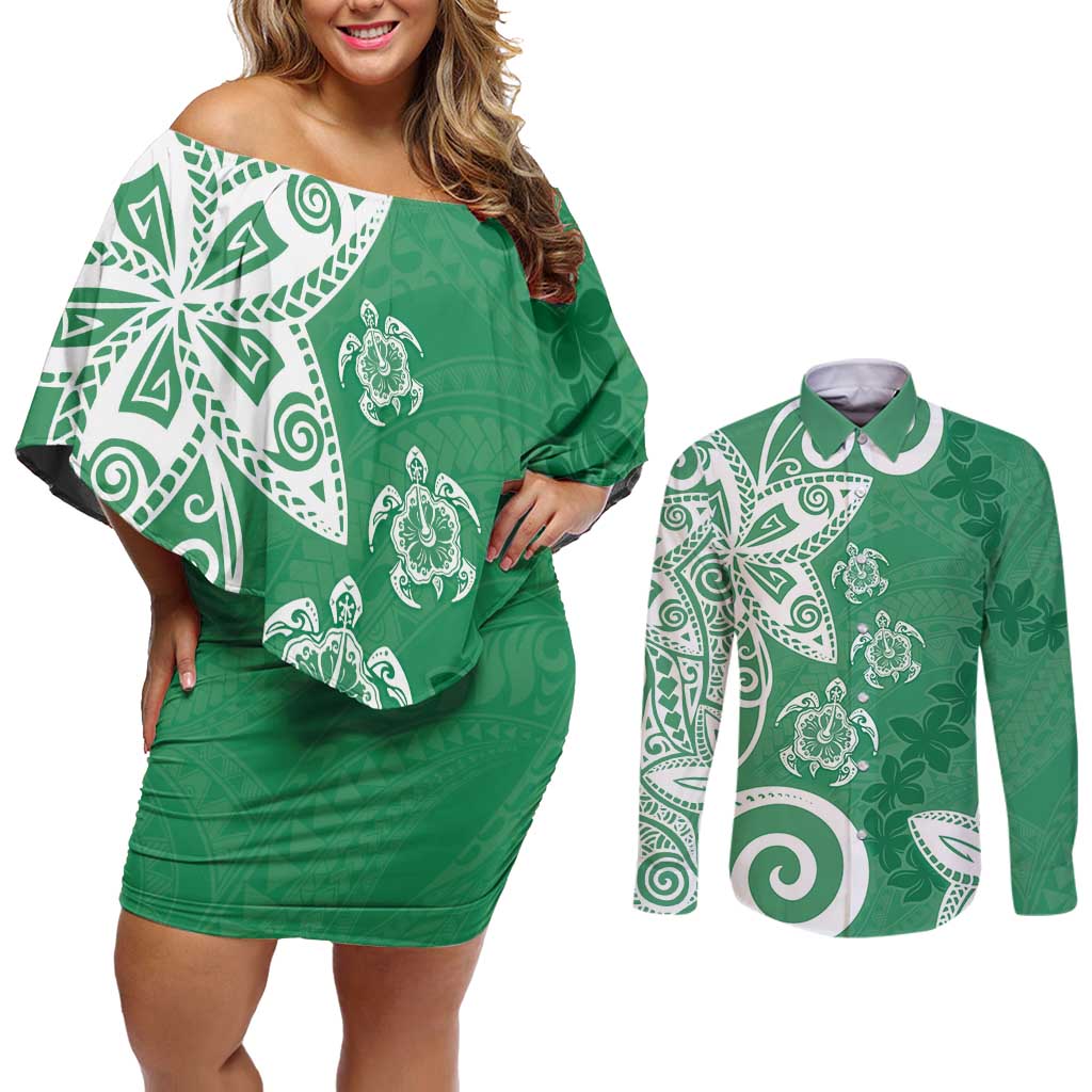 Polynesia Couples Matching Off Shoulder Short Dress and Long Sleeve Button Shirt Green Tribal Turtle Floral Pattern