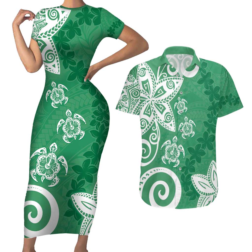 Polynesia Couples Matching Short Sleeve Bodycon Dress and Hawaiian Shirt Green Tribal Turtle Floral Pattern