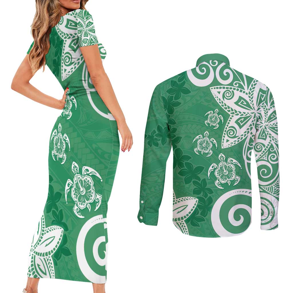 Polynesia Couples Matching Short Sleeve Bodycon Dress and Long Sleeve Button Shirt Green Tribal Turtle Floral Pattern