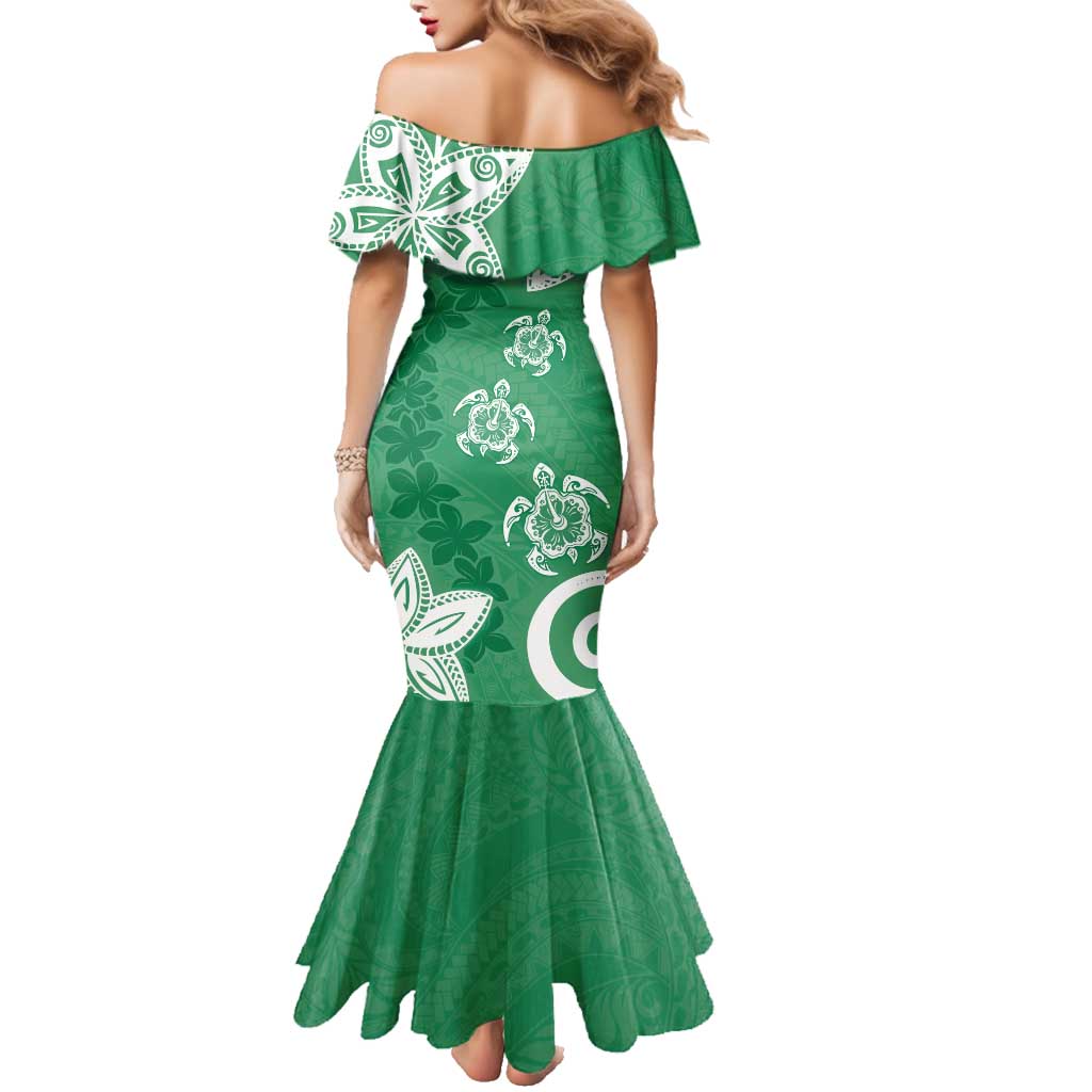 Polynesia Family Matching Mermaid Dress and Hawaiian Shirt Green Tribal Turtle Floral Pattern