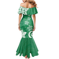 Polynesia Family Matching Mermaid Dress and Hawaiian Shirt Green Tribal Turtle Floral Pattern