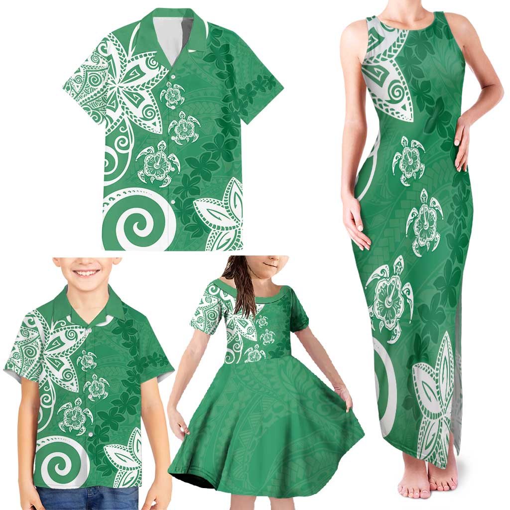 Polynesia Family Matching Tank Maxi Dress and Hawaiian Shirt Green Tribal Turtle Floral Pattern