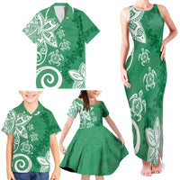 Polynesia Family Matching Tank Maxi Dress and Hawaiian Shirt Green Tribal Turtle Floral Pattern