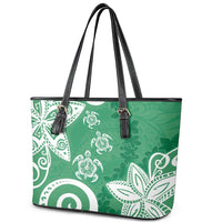 Polynesia Leather Tote Bag Green Tribal Turtle Floral Pattern