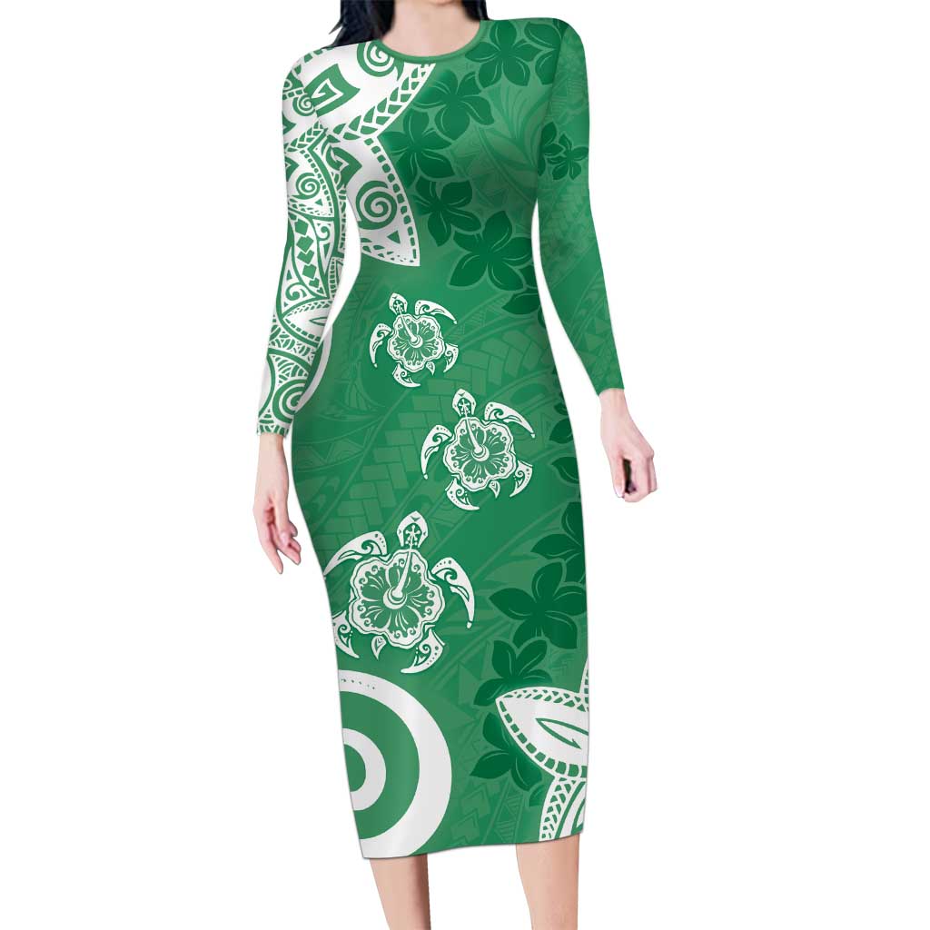 Polynesia Long Sleeve Bodycon Dress Green Tribal Turtle Floral Pattern