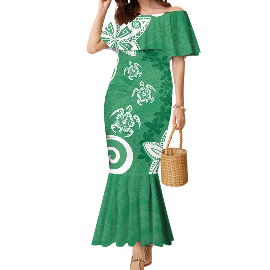 Polynesia Mermaid Dress Green Tribal Turtle Floral Pattern