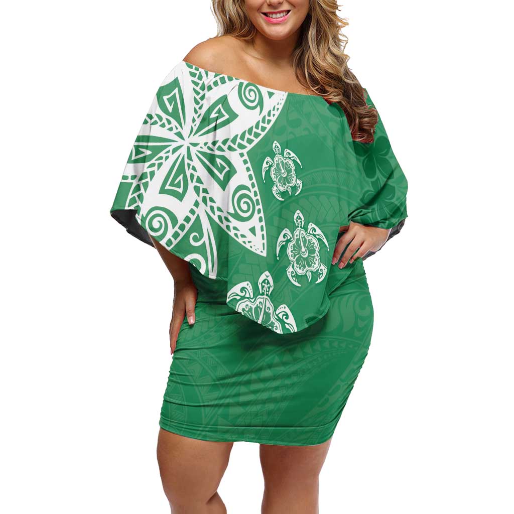 Polynesia Off Shoulder Short Dress Green Tribal Turtle Floral Pattern