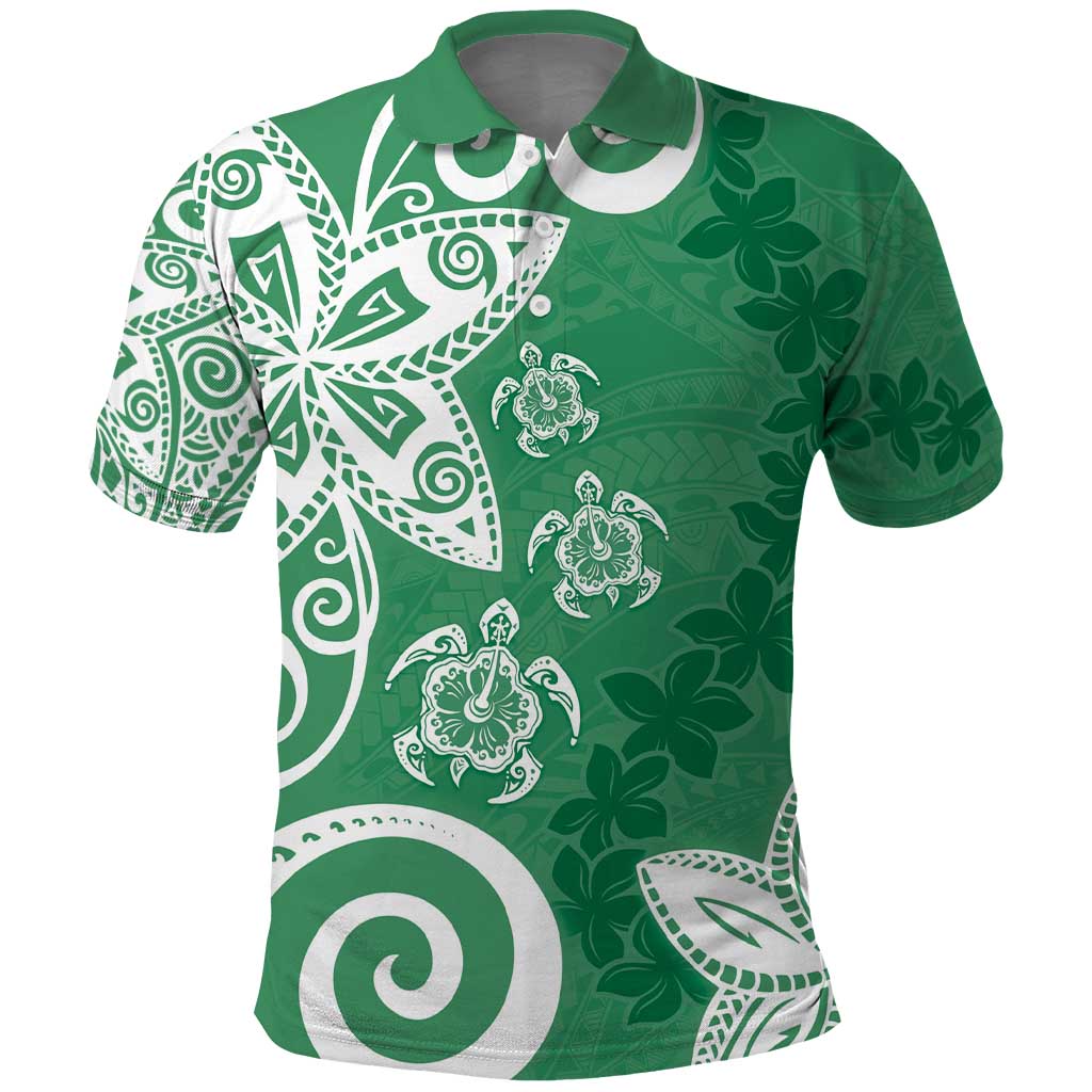 Polynesia Polo Shirt Green Tribal Turtle Floral Pattern