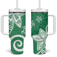 Polynesia Tumbler With Handle Green Tribal Turtle Floral Pattern