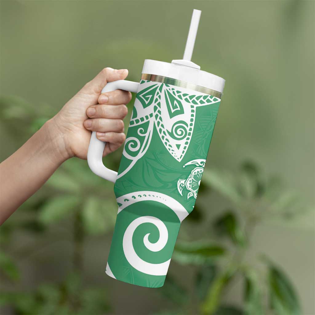 Polynesia Tumbler With Handle Green Tribal Turtle Floral Pattern
