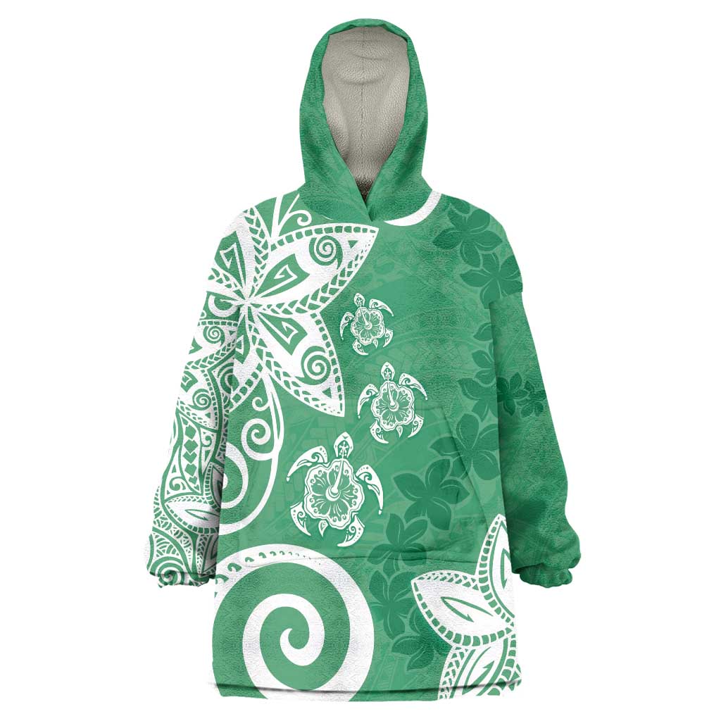 Polynesia Wearable Blanket Hoodie Green Tribal Turtle Floral Pattern