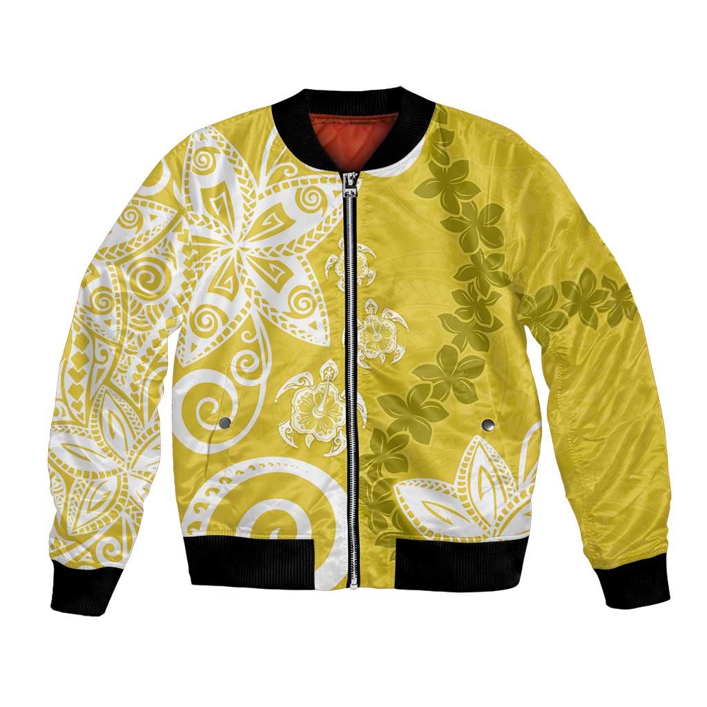 Polynesia Bomber Jacket Yellow Tribal Turtle Floral Pattern