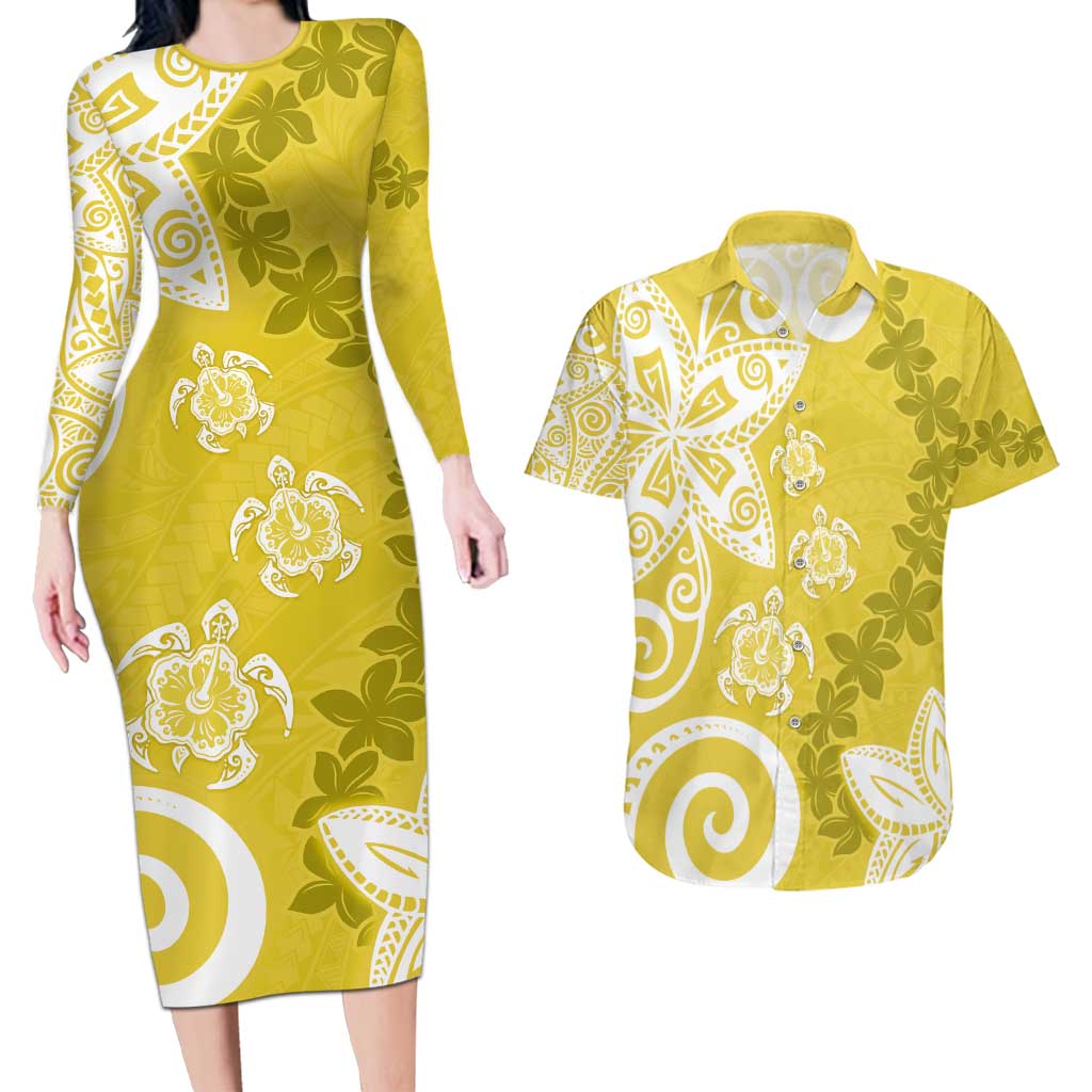 Polynesia Couples Matching Long Sleeve Bodycon Dress and Hawaiian Shirt Yellow Tribal Turtle Floral Pattern