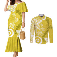 Polynesia Couples Matching Mermaid Dress and Long Sleeve Button Shirt Yellow Tribal Turtle Floral Pattern