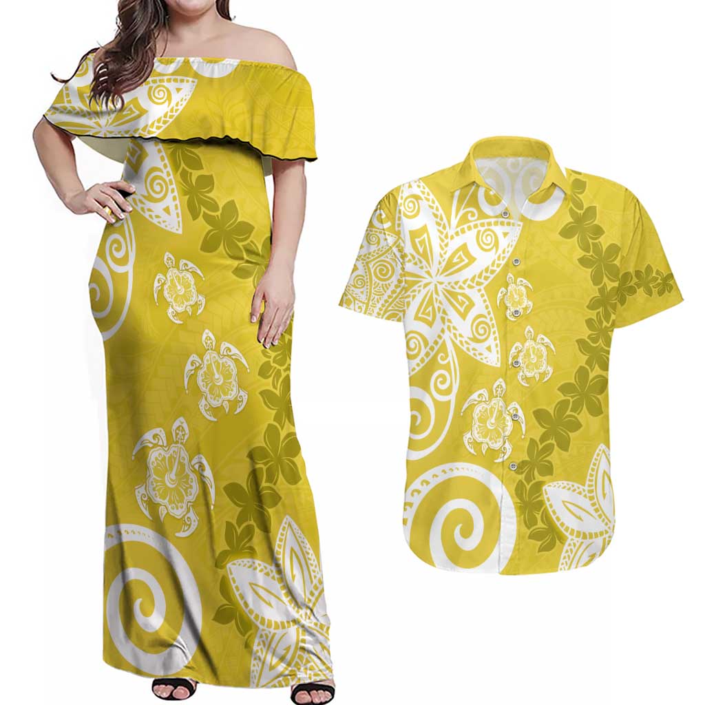 Polynesia Couples Matching Off Shoulder Maxi Dress and Hawaiian Shirt Yellow Tribal Turtle Floral Pattern