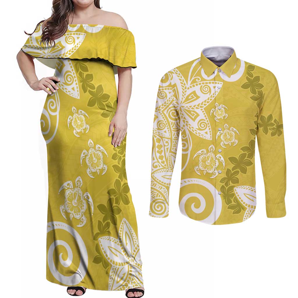 Polynesia Couples Matching Off Shoulder Maxi Dress and Long Sleeve Button Shirt Yellow Tribal Turtle Floral Pattern