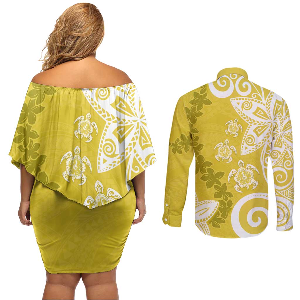 Polynesia Couples Matching Off Shoulder Short Dress and Long Sleeve Button Shirt Yellow Tribal Turtle Floral Pattern