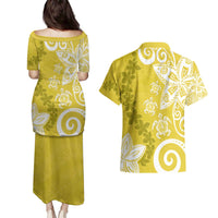Polynesia Couples Matching Puletasi and Hawaiian Shirt Yellow Tribal Turtle Floral Pattern