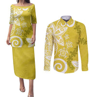 Polynesia Couples Matching Puletasi and Long Sleeve Button Shirt Yellow Tribal Turtle Floral Pattern