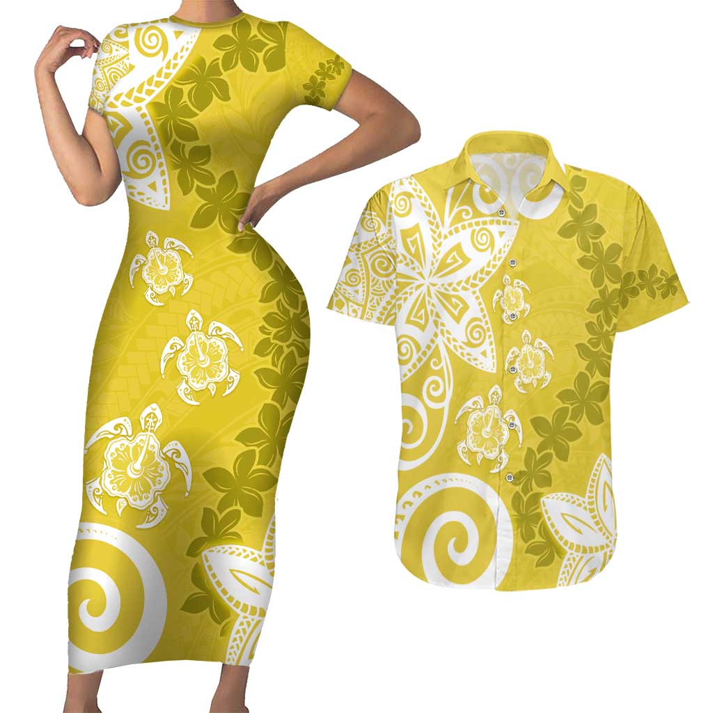 Polynesia Couples Matching Short Sleeve Bodycon Dress and Hawaiian Shirt Yellow Tribal Turtle Floral Pattern