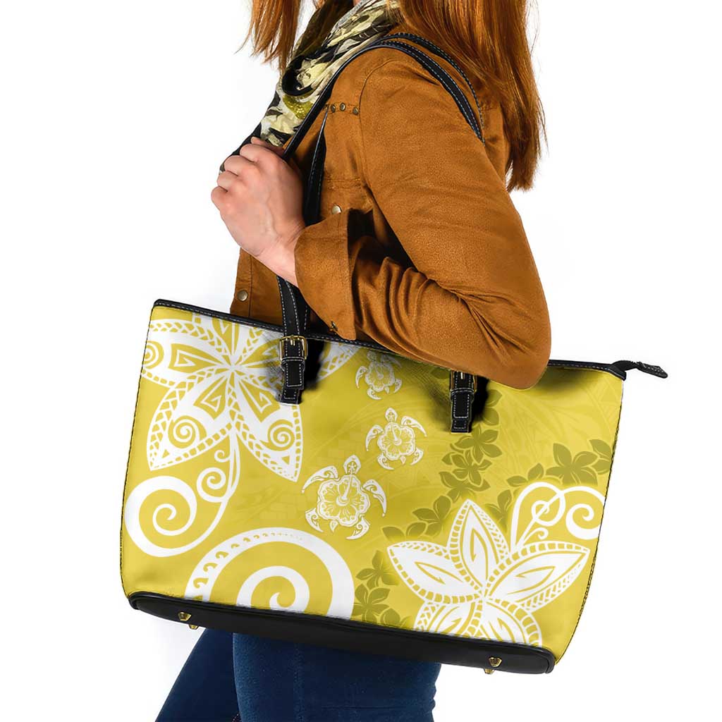 Polynesia Leather Tote Bag Yellow Tribal Turtle Floral Pattern