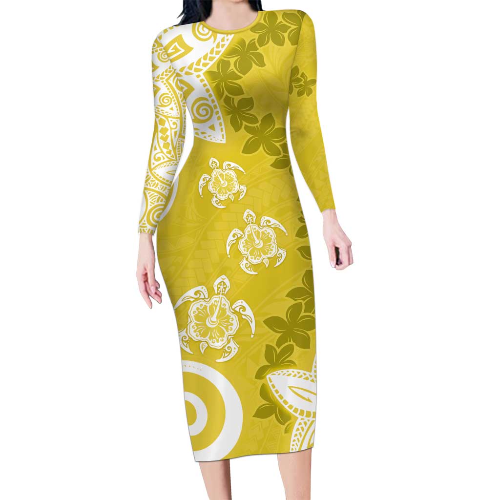 Polynesia Long Sleeve Bodycon Dress Yellow Tribal Turtle Floral Pattern